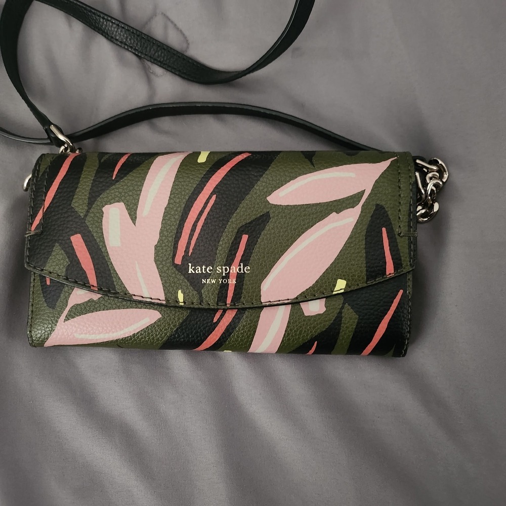Kate Spade Crossbody Wallet on Chain Bag Olive Green Pink Tropical Leaf Print